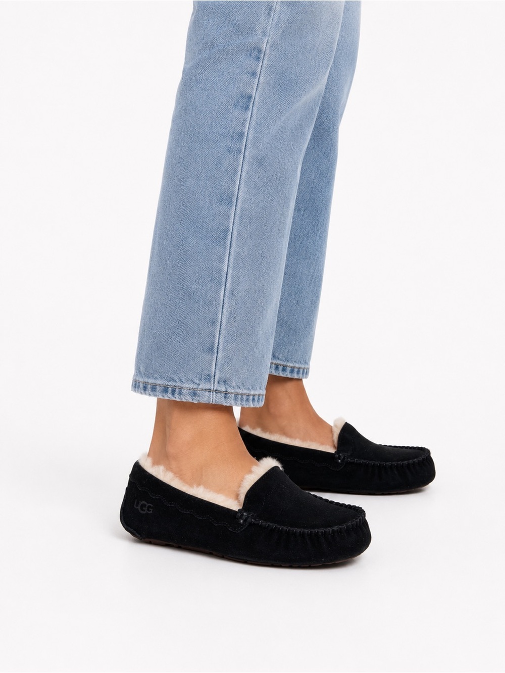 UGG Black Suede Moccasin Slippers with Cream Shearling